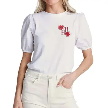 2023 הקיץ החדש של הנשים מוצק, חולצה לבנה יוקרה רקמה אותיות Tshirts פנס שרוול כותנה חולצות נשים חולצות Tees