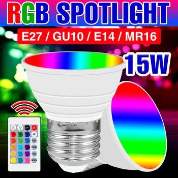 GU10 RGB מנורה 110V 220V אור LED נורת E27 הזרקורים E14 צבע המבחנה 15W סיבוב הנורה MR16 קשית מקורה שליטה חכמה אור