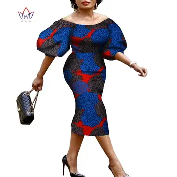 BintaRealWax אפריקה להדפיס שמלות ערב המסיבה בד כותנה פאף שרוול אנקרה אורך הברך שמלת אפריקה בגדים WY7795