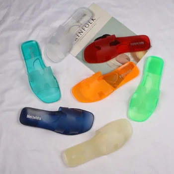 2023 קיץ נשים ממתקים צבע שקוף מחליק תחתית שטוחה בתוספת גודל חוף סנדלי נעלי נשים מזדמנים מילה אחת נעלי ג ' לי