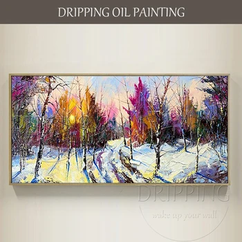 מצוירים ביד שלג בחורף נוף ציור שמן על בד רבייה Hodyukov בהיר שופע נוף עצי יער ציור שמן