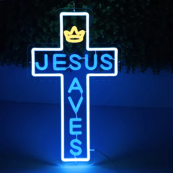 אישית, ישוע על הצלב הכחול שלט LED בצורת צלב על בירה הבר עבודת יד זכוכית אמיתית לקשט את הבית קיר עיצוב חדר