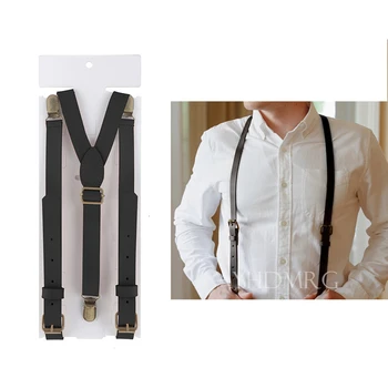 בסגנון בריטי 3 קליפים Mens כתפיות בציר מתכוונן פרה קאובוי אמיתי עור Suspender ברונזה קליפים רצועת המכנסיים גשר
