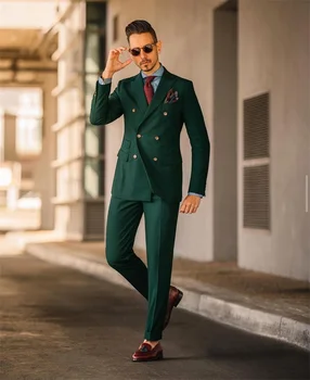 2 חתיכות ירוק צייד חליפות גברים תחפושות Hommes בהזמנה אישית מזדמן אופנה אופנת רחוב Tuexdos המועדון נשף בלייזר+מכנסי החליפה סטים