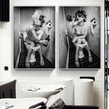 סקסית לשתות ולעשן בשירותים נשים קיר אמנות בד הציור בשחור לבן יופי ילדה פוסטר של הדפסים מודרניים בר עיצוב הבית