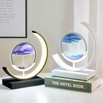 שעון חול מנורת שולחן מלאכה בחול טובעני 3D נוף טבעי, תאורה יצירתיים רטרו זורם חול תמונה הזזת שעון חול המנורה