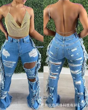 2023 הקיץ החדש של הנשים שבור חור שטף ציצית ארוך ג 'ינס אופנה מזדמן גבוהה המותניים רזה ג' ינס מכנסיים לנשים