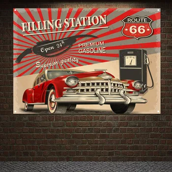 תחנת דלק פתוח 24 h Vintage רכב שירות & תיקון הכרזה דגל אוטומטי חנות לתיקון במוסך ציור קיר בעיצוב באנר שטיח