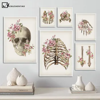 פרחים שלד עצמות אנטומיה פוסטר של הגולגולת, עמוד השדרה רפואי קיר אמנות הדפס בד ציור מופשט התמונה מרפאת קישוט הבית