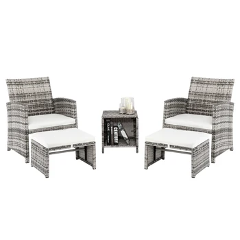 5Pcs רהיטי גן הסט כולל 2 כסאות 2 והדומים 1 שולחן קפה באיכות גבוהה PE קש&מסגרת ברזל אפור הדרגתי[US-מניות]