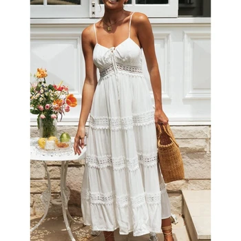 נשים חלול החוצה תחרה, תפירה שסף שולי שכבות השמלה אופנה קיץ מזדמן פאטאל ספגטי רצועה V-צוואר לבן שמלה ארוכה