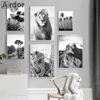 שחור לבן-עלה עץ קוקוס הר בד פוסטר של ציור אריה, נמר קיר אמנות הדפס נורדי תמונות קיר לעיצוב הבית