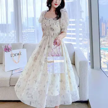 קיץ אלגנטי צד פרחוני שמלת שיפון נשים 2023 הדפס נסיכה מתוקה Midi שמלה נשית עם שרוול קצר החג הלבוש