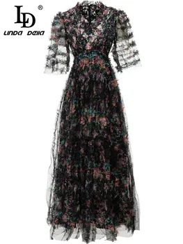 תעודת זהות לינדה דלה חדש 2023 קיץ אופנה נשים, מסיבת וינטאג', שמלה ארוכה V-צוואר פרע רשת פרחוני הדפסה קו התנופה הגדולה השמלה