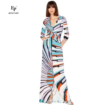 EFATZP חדש אופנה גברת באיכות גבוהה מתיחה לסרוג סלים 3/4 שרוול V-צווארון גיאומטריות מודפסת מורחבת החוף להתלבש