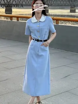 2023 נשים קיץ שמלות ארוכות בובה חדשה צווארון יומיומי שרוול קצר שמלה אלגנטית קוריאנית סלים קו מוצק קצר שמלות נשים