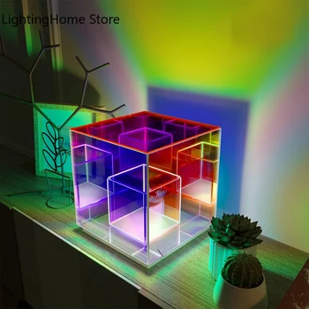 צבעוני הקוביה מנורת שולחן Led בצבע אקריליק מנורות שולחן הסלון חדר השינה נורדי עיצוב הבית לילה אור המנורה שליד המיטה