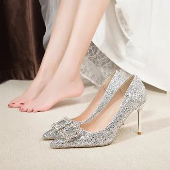 חדש סינדרלה קריסטל נעלי עקבים גבוהים גברת הצביע סקסי כלה נעלי נשי כסף נעלי חתונה ריינסטון זהב