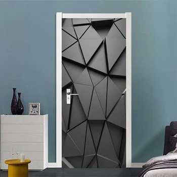 PVC הדבקה עצמית עמיד למים דלת מדבקת טפט 3D סטריאו גיאומטרי מופשט אפור משולשים ציורי הקיר בסלון עיצוב חדר השינה