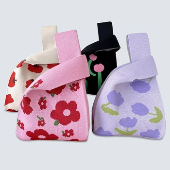 אופנה פרח בעבודת יד לסרוג תיקי נשים Mini הקשר היד שקית קוריאנית מזדמנים צבע תיק התלמיד לשימוש חוזר שקיות קניות