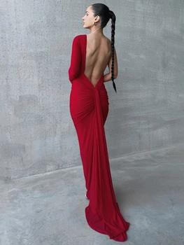 Laxsesu סקסי ללא משענת שמלת מקסי אדומה כתף אחת עם קפלים שמלת Bodycon עם שרוולים ארוכים המפלגה אלגנטי שמלות ערב לנשים 2023