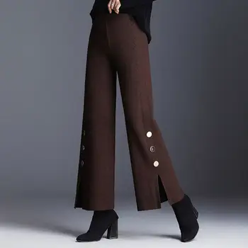 אופנה נשים וינטאג ' צמר רחב הרגל המכנסיים אביב סתיו קוריאנית גבוהה המותניים מוצק חופשי מקרית על כפתור פיצול ישר מכנסיים 2023