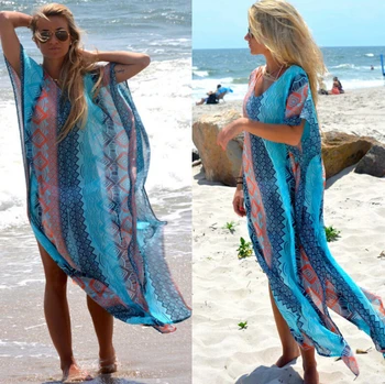 2019 טורקיה זמן שמלת החוף ביקיני חיפוי-Kaftan Sarongs קיץ שיפון חופשי כחול מודפס בגדי ים בגדי ים בגד ים