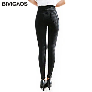 BIVIGAOS אביב קיץ אופנה נשים מזדמנים שחור אלסטי גבוה מותן חותלות מכנסיים כיס עיפרון מכנסיים סקיני לסלים נקבה