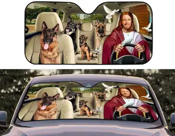 ישוע, הרועה הגרמני נוהג רכב השמש צל על השמשה הקדמית, אלוהים & כלבים אוטומטי, שמש, צל, אביזרי רכב, מתנות נוצרית