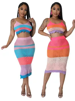 שמלת קיץ חוף אאוטלט אופנה קוריאנית לכסות נשים 2023 בגד ים טוניקה בצבע רב ניגוד סרוגים חצאית סט של שתי