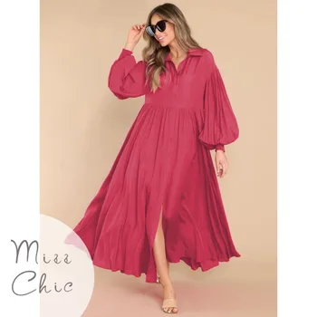 מזג רופף גדול להניף את החצאית סתיו שמלה אדומה מוצר חדש 2023 זמן מוצק צבע פופולרי של נשים כפתור שמלות ארוכות