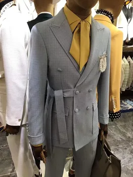 האחרון עיצוב אופנה חתונה חליפות גברים רשמית החגורה slim fit 2 חלקים מסיבת ביזנס זוגי עם חזה משובץ אדם ז ' קט+מכנסיים