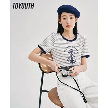 Toyouth נשים חולצה 2023 אביב שרוול קצר או צוואר רופף אפור לבן פס חולצת טי גרפי הדפסה שיק מזדמן מקסימום