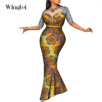 אפריקה שמלות לנשים מודפס הגברת Maxi שמלות ארוכות טלאים נצנצים שרוולים ו מחשוף אופנה אפריקאית בגדים Wy281