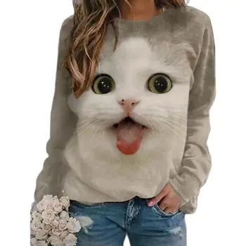חדש 2022 באביב ובסתיו נשים סוודר גג רופף החולצה 3D חתול קריקטורה הדפסה מזדמן O-צוואר ארוך שרוול חולצת הטריקו