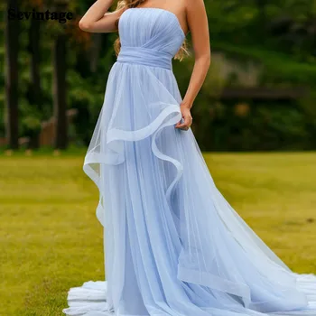 Sevintage שמיים כחולים קו שמלות לנשף לנשים קפלים קפלים סטרפלס ארוכות שמלות ערב מסיבת חתונה שמלת שושבינה שמלות 2023