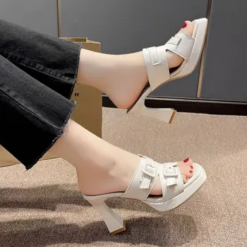 2023 אביב חדש מותג נשים נעלי אופנה אבזם מחודד בוהן נשים סנדל חיצונית להחליק על פרדות נעלי דק עקבים גבוהים