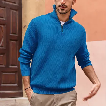 2023 מזדמן אופנה רוכסן מוצק צבע בגדי גברים יוקרה לסרוג דש חולצת פולו שרוול ארוך סוודר קליל S-3XL