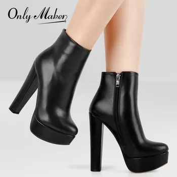 Onlymaker נשים בוהן עגול נעלי עקב פלטפורמה Ankel מגפיים לחסום את המגפיים אופנה חם סתיו חורף גדול גודל נעליים בעבודת יד