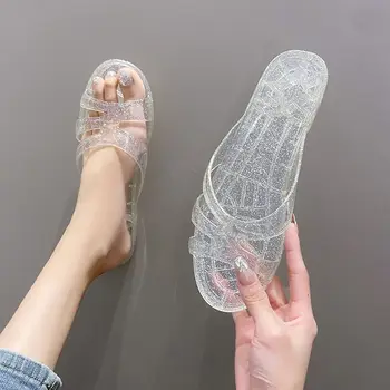 ברור נצנצים ג ' לי נעלי נשים קיץ מקורה נעלי אישה שקוף סנדל נעלי בנות אמא PVC שקופיות נעלי חינם הספינה.