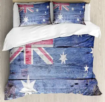 Lunarable אוסטרליה השמיכה לכסות להגדיר, אוסטרלי הדגל מצויר על עץ ישן תראה, רקע דקורטיבי 3 חתיכה סט מצעים עם