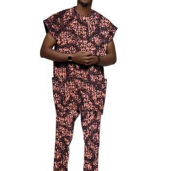 מותאם אפריקאי מסורתי תרבותי בגדים עם שרוולים קצרים של גברים סטים מקסימום+מכנסיים אנקרה הדפסה חליפות חתן