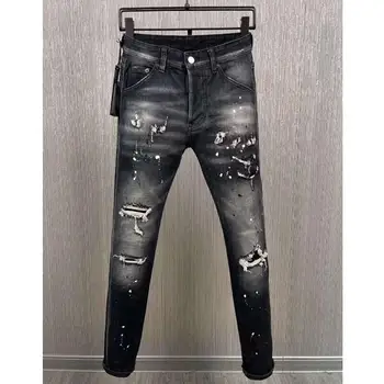 גברים אופנה חור בספריי ג 'ינס אופנתי מוטו&אופנוען רחוב מזדמנים ג' ינס בד מכתב הדפסה מכנסיים 9886#