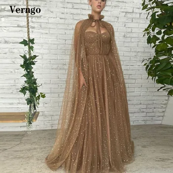 Verngo 2021 נוצץ שמפניה טול עם כוכבים מתוקה נשף שמלות ארוך מעיל גלימה עם שרוולים קו שמלות ערב