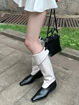 בציר Colorblock אופנה מגפיים בוהן מרובע אבזם שרוול מעל הברך Botas Femininas עקב נמוך להחליק על נעלי נשים