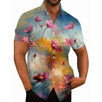 הוואי מזדמן חברתית אופנה גברים Camisa פרחוני Harajuku Y2k חזק יומי קצר שרוול החולצה יוקרה פרח תבנית ביגוד