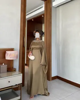 אלגנטי חלקה חום O-צוואר באורך רצפת מלא השרוול חרוזים ללא משענת טפטה שמלת ערב 2023 فستان سهرة نسائي سعودية