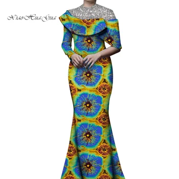 אפריקה שמלות עבור נשים אפרו הדפסה נצנצים על הצוואר ארוך דאשיקי שמלת טלאים Bodycon אנקרה שמלת ערב WY9916