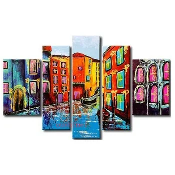 צבוע ביד צבעוני העיר של ונציה מים לעיר סירה נוף הביתה קיר בעיצוב ציור שמן מצויר ונציאני נוף ציור